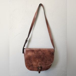 Patricia Nash Braidi Signature Map Collection Brown Leather Large Saddle Bag